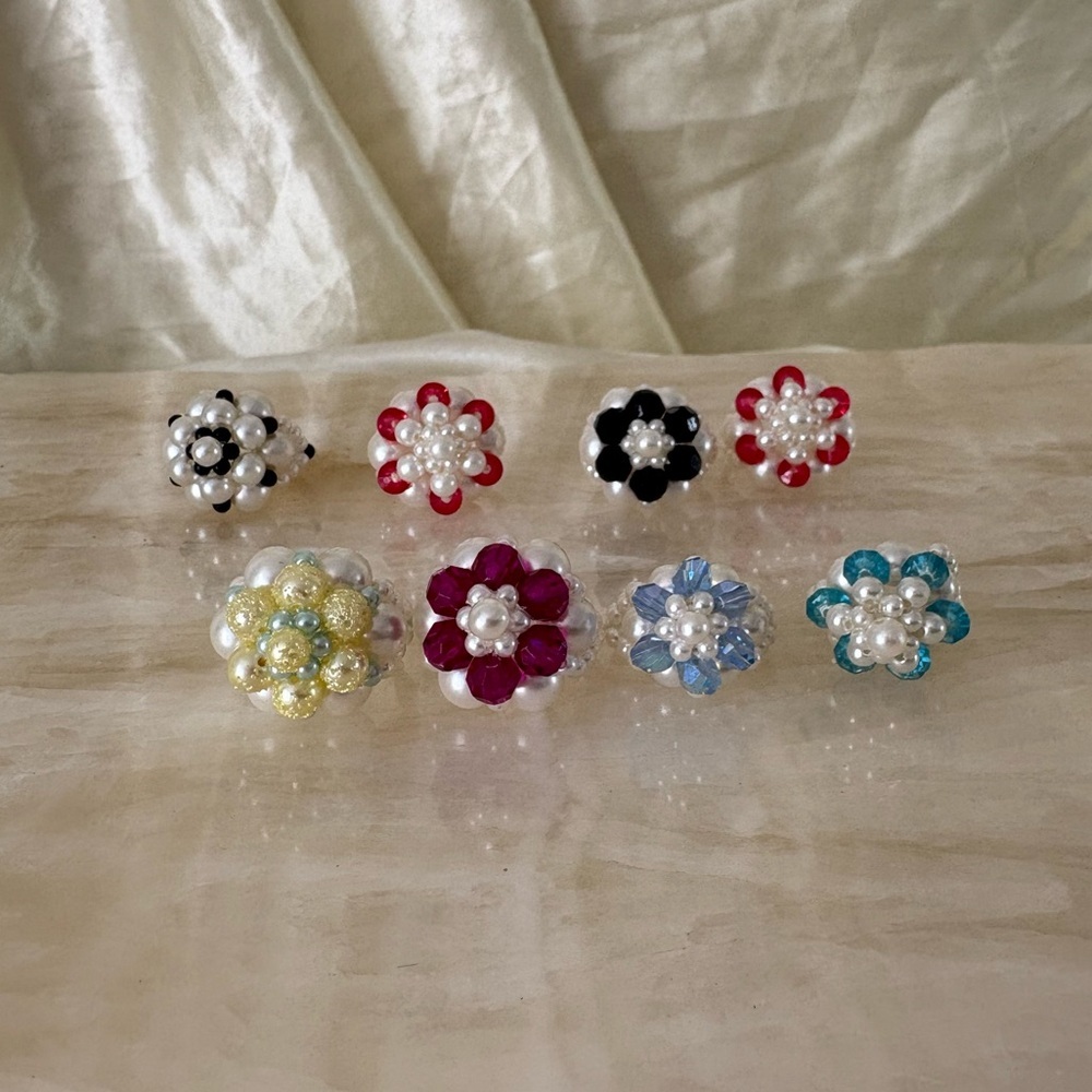 Vintage handmade beaded ring set lot of 8 pearls colorful faceted